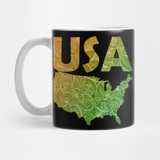 Colorful mandala art map of the United States of America with text in green and orange Mug